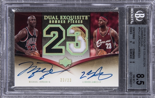 2005-06 Exquisite Collection "Numbers Dual" #DN-JJ Michael Jordan/LeBron James Dual-Signed Game Used Patch Card (#23/23) – BGS NM-MT+ 8.5/BGS 9 